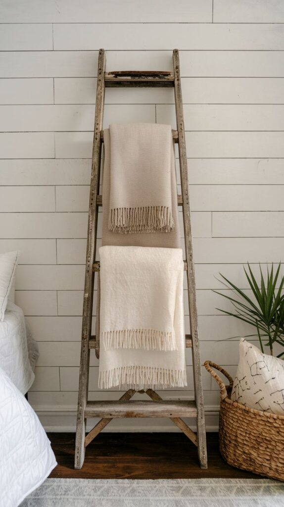 vintage wooden ladder repurposed as a blanket rack shop your home for treasures