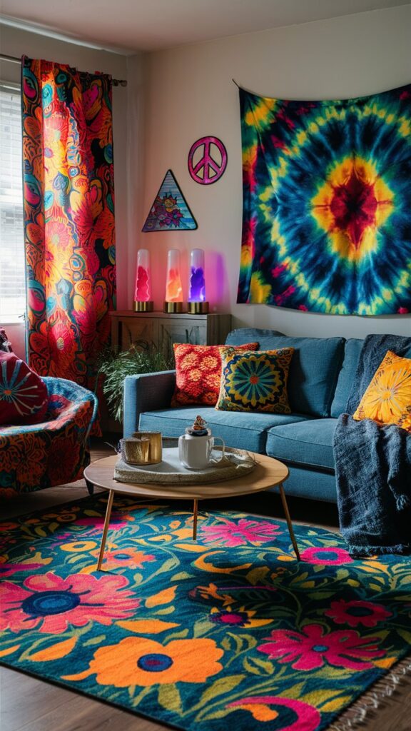 psychedelic floral patterns in living room boho