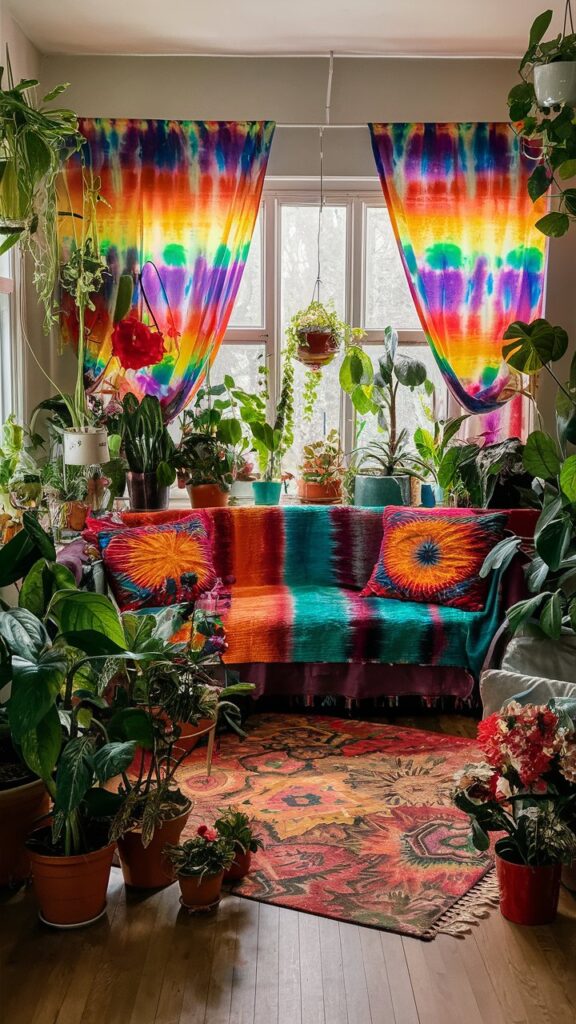 vibrant tie-dye curtains boho chic