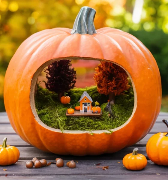 outdoor scene in cut pumpkin