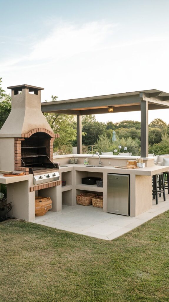 A fully equipped outdoor kitchen barbecue island, with a place for friends  to gather around on bar stools and enjoy the scent of grilled burgers filling the air.