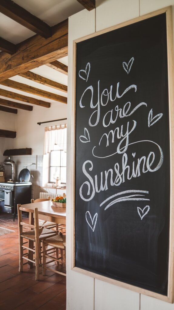 A large chalkboard with “You are my sunshine” written in flowing script surrounded by heart doodles, displayed in a farmhouse-style kitchen.