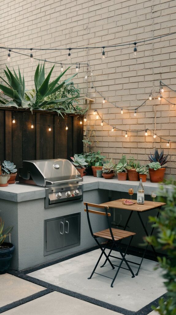 A cozy corner kitchen with a compact grill, a small prep station, and a bistro table for two.