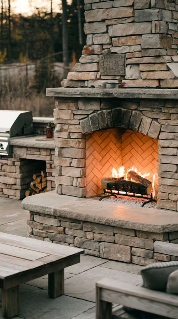 A stone fireplace glowing warmly with seating and an outdoor kitchen in the background.