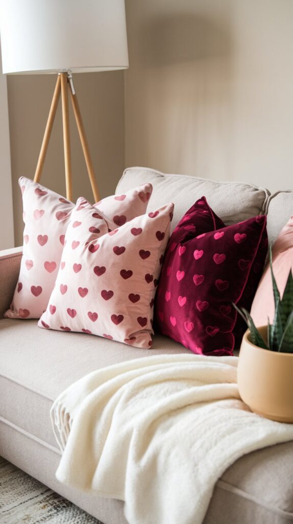 A cozy couch with heart-patterned throw pillows in shades of blush pink and deep red, complemented by a plush white blanket draped over the side.