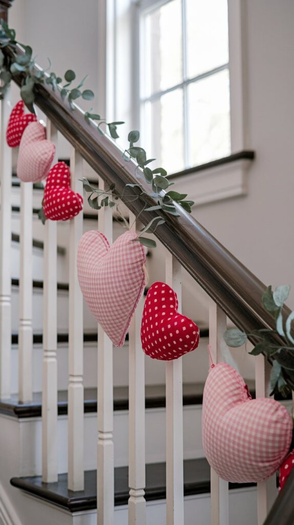 A delicate garland of fabric hearts in pink gingham and red polka dots draped along a staircase rail, complemented by sprigs of greenery.