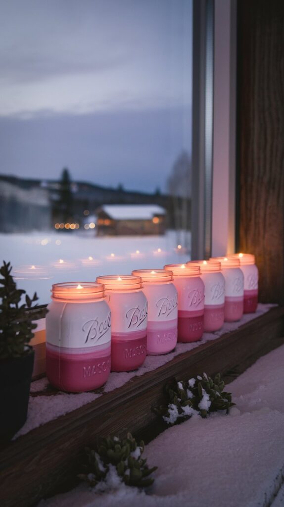 A row of mason jars painted in ombre shades of pink, glowing with LED candles inside, placed on a windowsill overlooking a snowy evening.