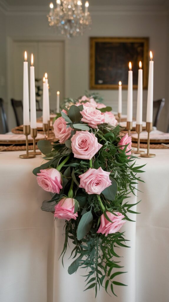 A dining table adorned with a cascading runner of pink roses and greenery, lit by the warm glow of taper candles.