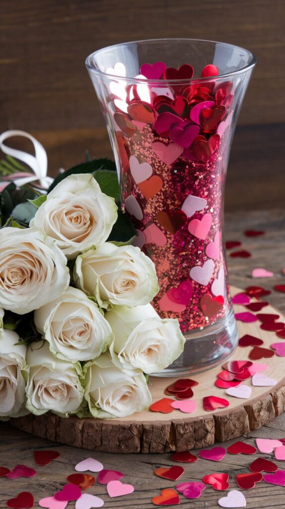 A clear vase filled with sparkling red and pink heart-shaped confetti, paired with white roses for a subtle romantic touch.