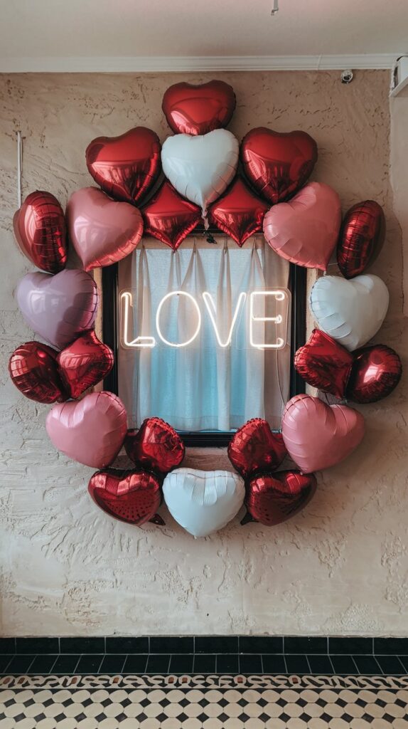 A wall adorned with a cluster of heart-shaped balloons in shades of red, pink, and white, with a glowing “LOVE” neon sign at the center.