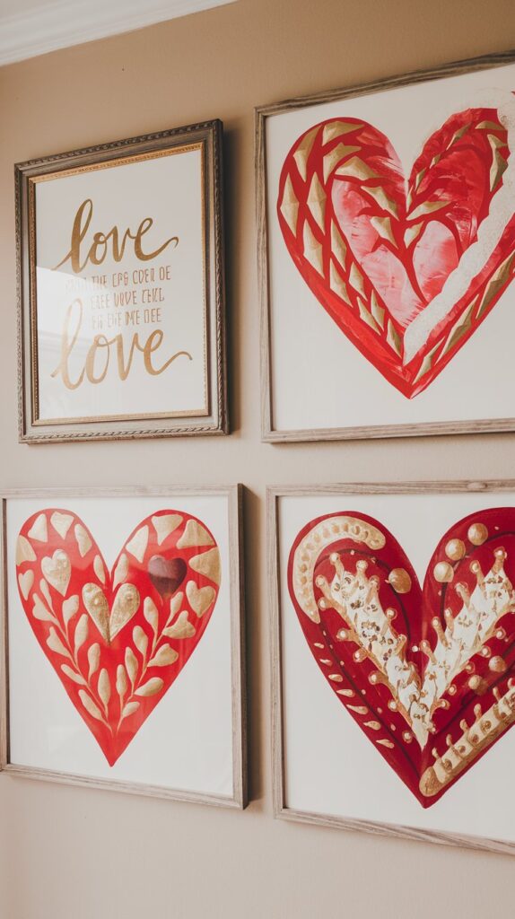 A gallery wall featuring three frames with vibrant heart art and one framed love quote, all tied together by a color scheme of red, white, and gold.