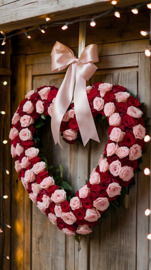 A heart-shaped wreath made of pink and red roses, adorned with a delicate satin bow, hanging on a rustic wooden door with a soft glow of string lights framing the doorway