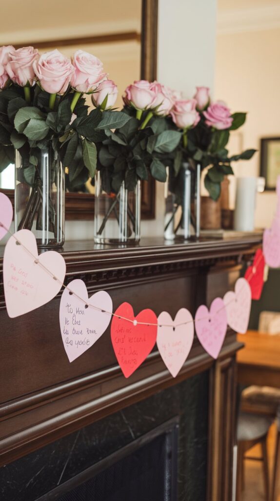 A garland of pastel pink and red hearts, each adorned with handwritten love notes, draped across a white mantlepiece decorated with vases of fresh roses.