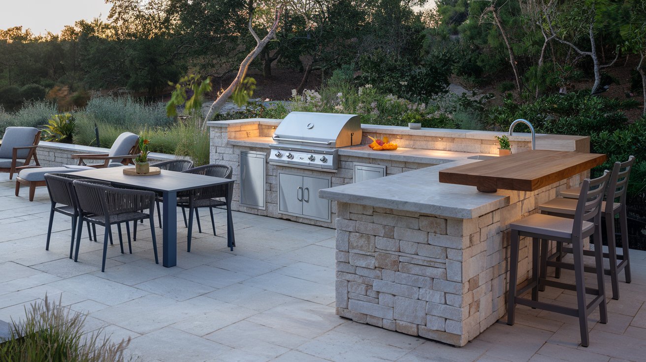 A stunning backyard featuring a luxurious outdoor kitchen with a mix of styles: a rustic stone grill area, a sleek stainless steel countertop, and a cozy pizza oven under a pergola. String lights twinkle overhead as lush greenery surrounds the scene, creating the perfect ambiance for cooking and entertaining outdoors.