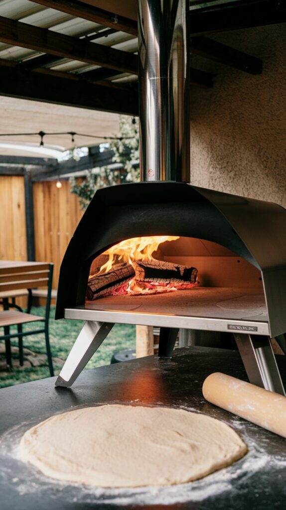 A pizza oven with its fire roaring, dough rolling on the counter, and the aroma of melted cheese and fresh herbs wafting through the air.