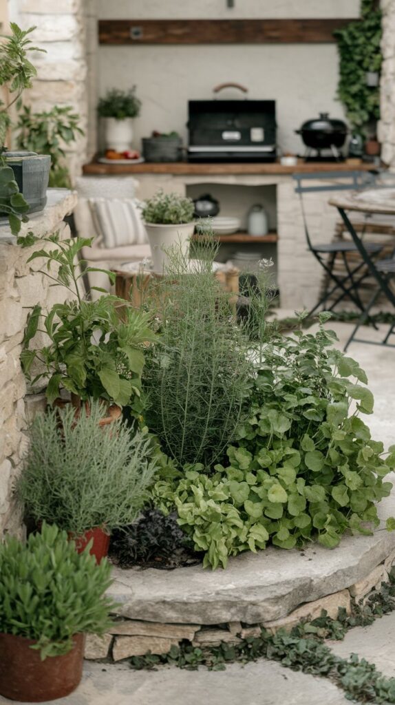 A small, vibrant herb garden that is beside a beautiful outdoor kitchen area for easily adding fresh herbs for outdoor grilling.