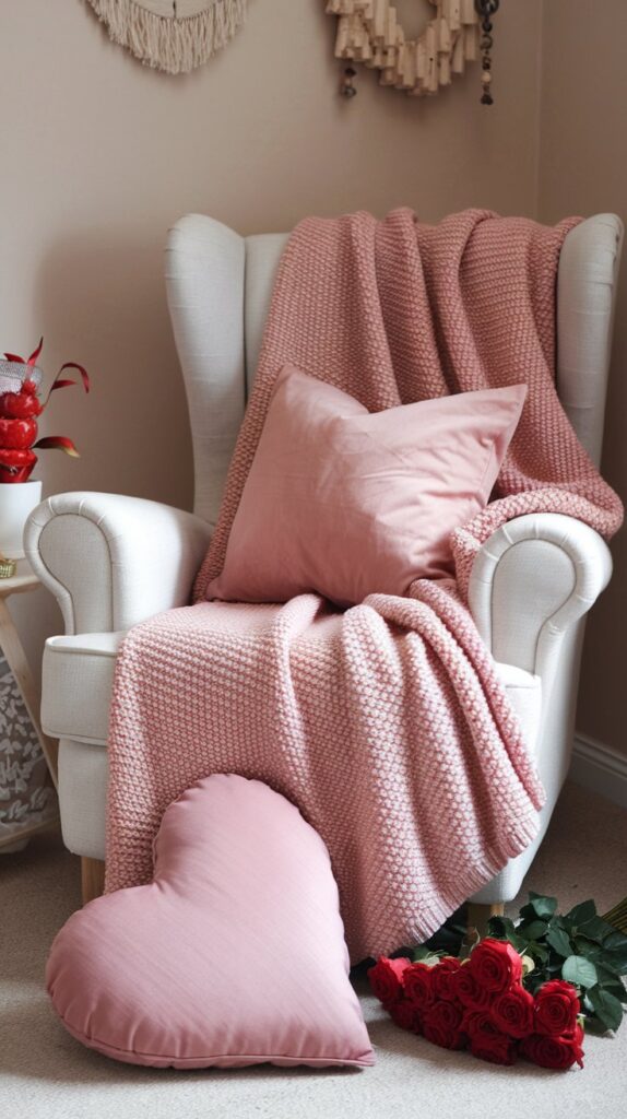 A blush pink knit throw blanket casually draped over a white armchair with a matching pillow, creating a cozy Valentine’s reading nook.