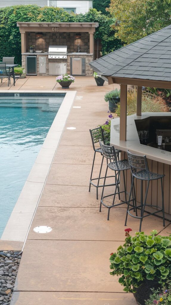 A poolside kitchen and bar. The poos is near an outdoor kitchen area to host swimming parties. And plenty of seating around the pool.