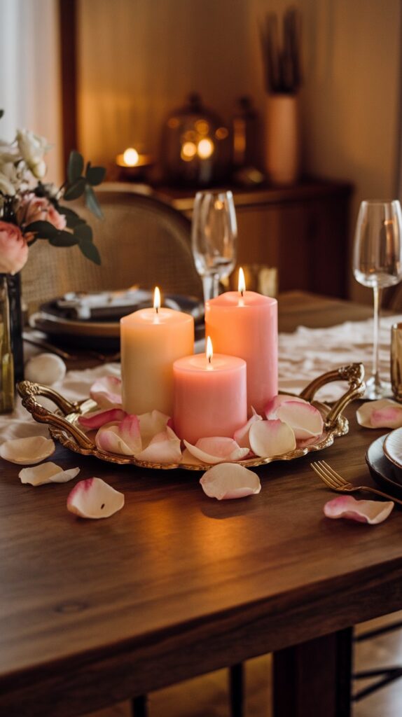 A trio of candles in soft pastel pinks and whites, surrounded by rose petals, set on an elegant gold tray atop a wooden dining table with a warm, ambient glow.