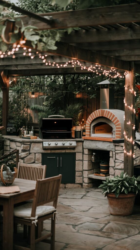 A rustic stone kitchen surrounded by lush greenery, a wood-fired pizza oven glowing in the corner, and cozy fairy lights casting a magical glow above.