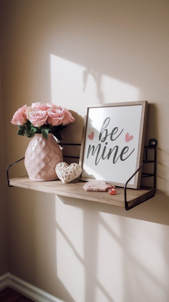 A floating shelf styled with a pink vase of roses, heart-shaped trinkets, and a framed sign reading “Be Mine.”