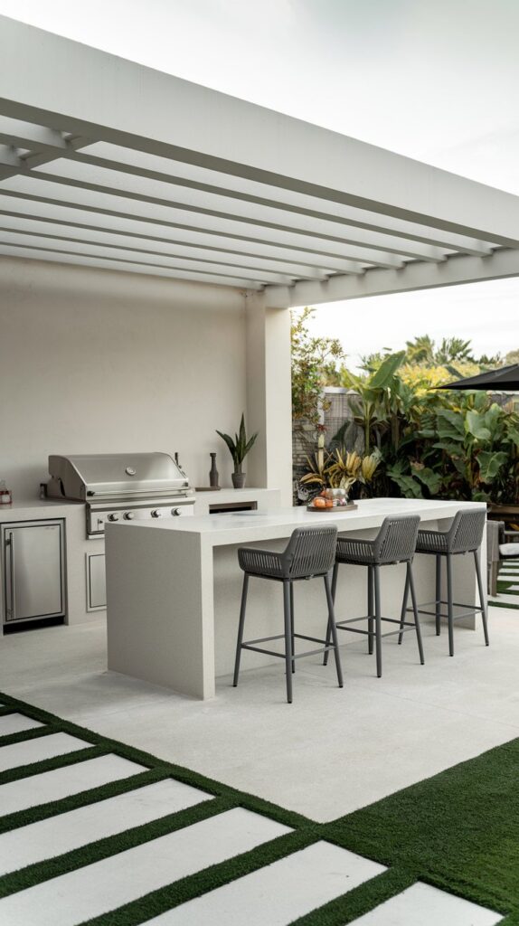 A sleek and modern outdoor kitchen with polished surfaces, a modern grill setup, and matching bar stools.