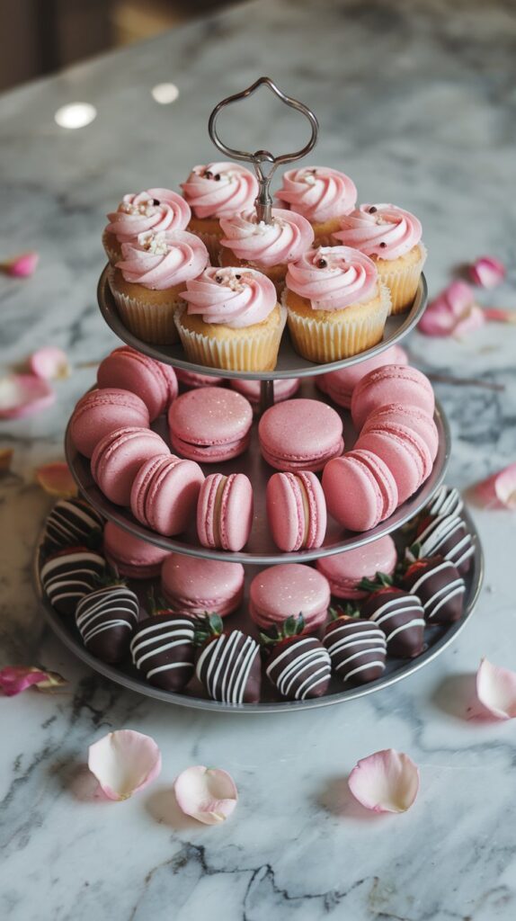 A three-tiered tray filled with pink frosted cupcakes, glittering macarons, and chocolate-covered strawberries, placed on a marble countertop with scattered rose petals around it.