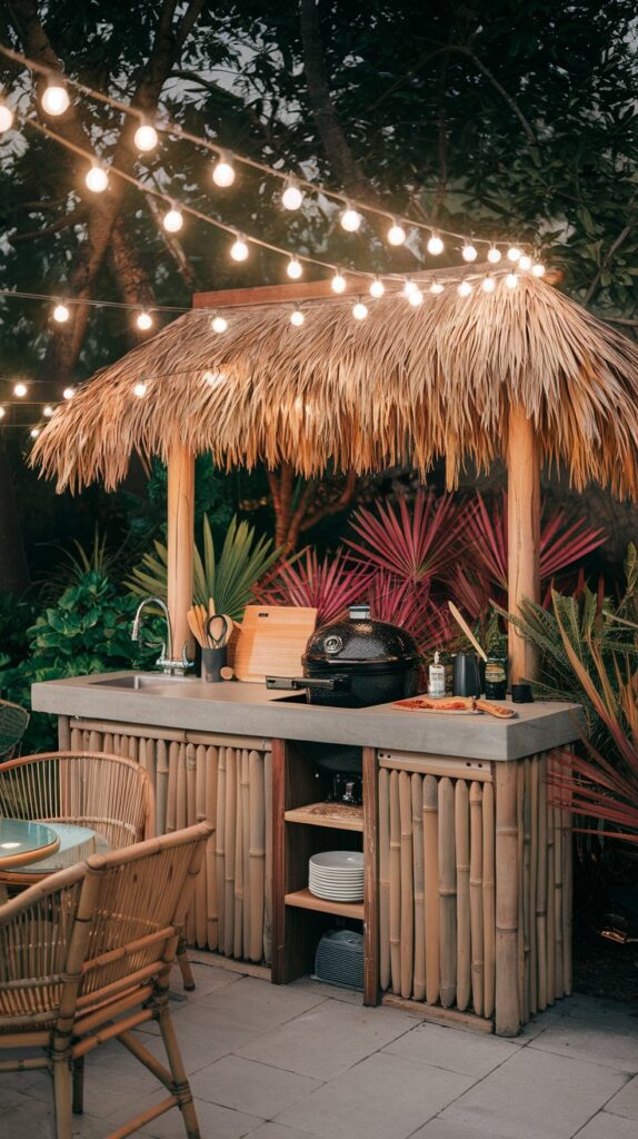 A bamboo-clad, tropical paradise outdoor kitchen with a tiki bar, surrounded by vibrant greenery and twinkling string lights, serving up frozen margaritas and island vibes.