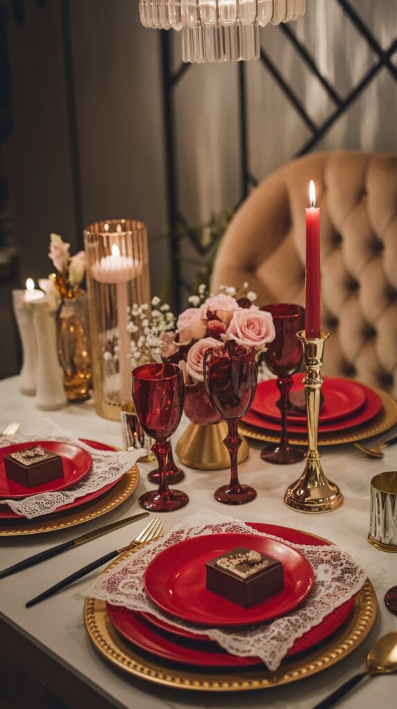 A romantic table setting featuring red plates, lace napkins, and gold accents, with a small box of chocolates at each seat.