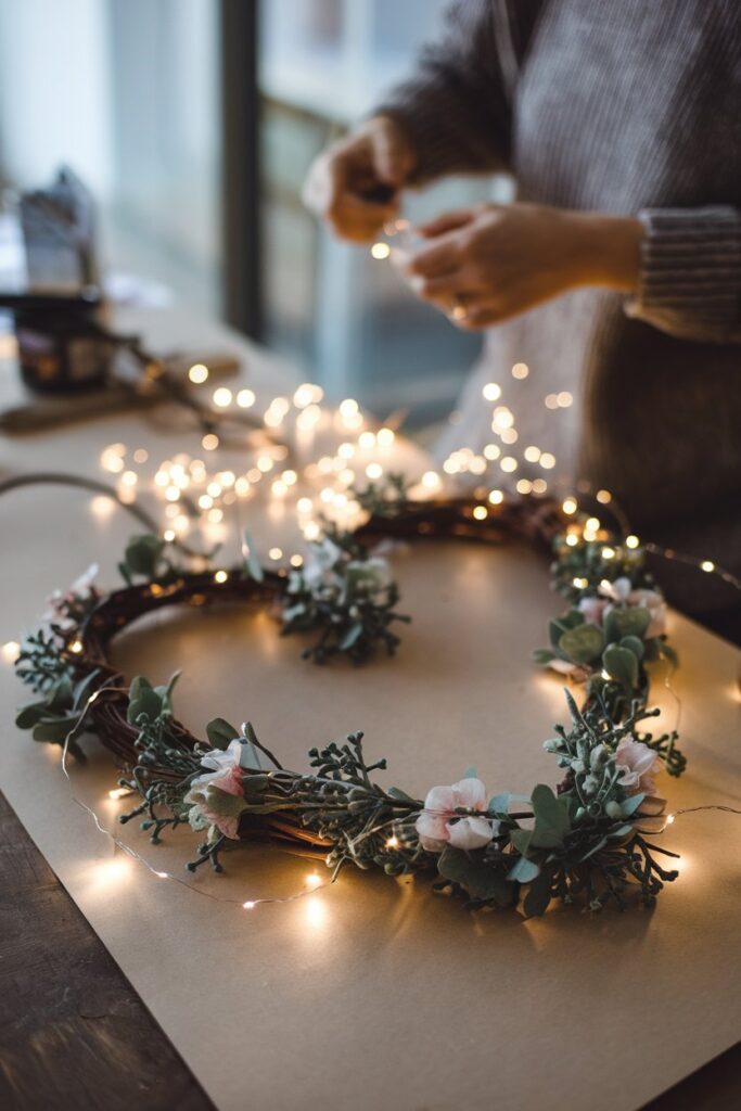 adding fairy lights to valentines day wreath