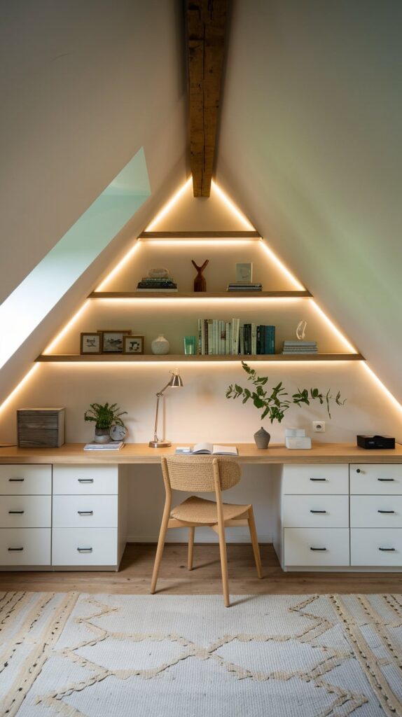 attic home office with sloped roof