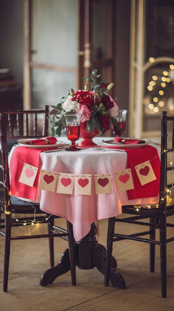 romantic valentines table set up with love notes garland