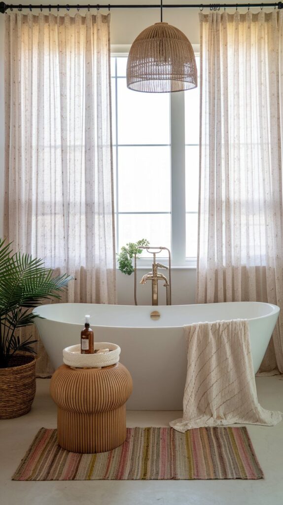 sheer curtains in boho bathroom