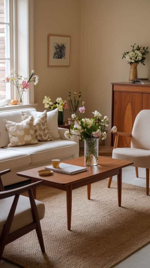 cozy living room with fresh spring flowers