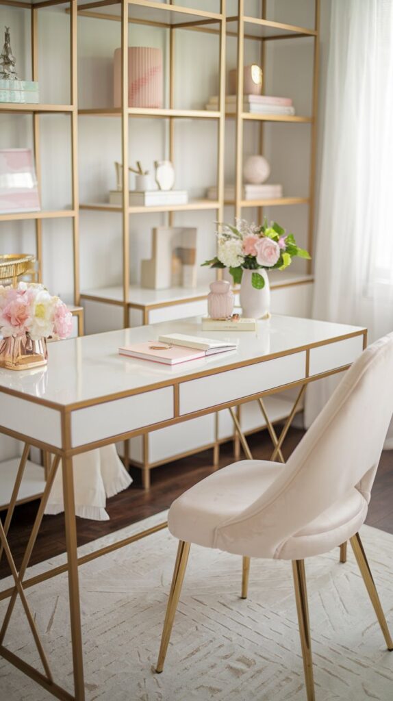 gold and white home office decor for a feminine office