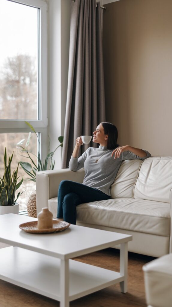 woman relaxing in her spotless living room