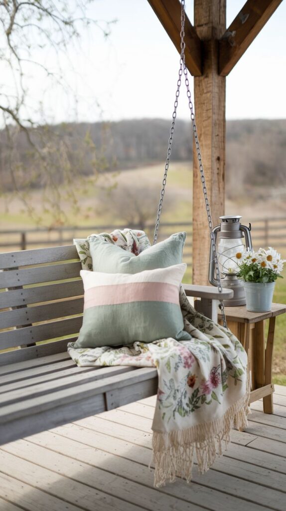 porch swing with a wildflower throw