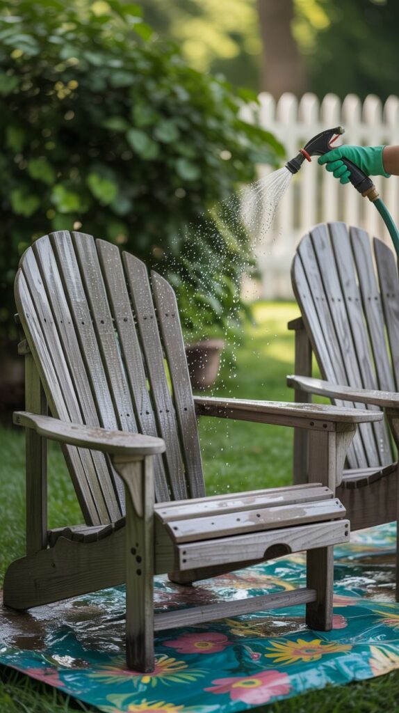 wooden adirondack chairs getting prepped for painting