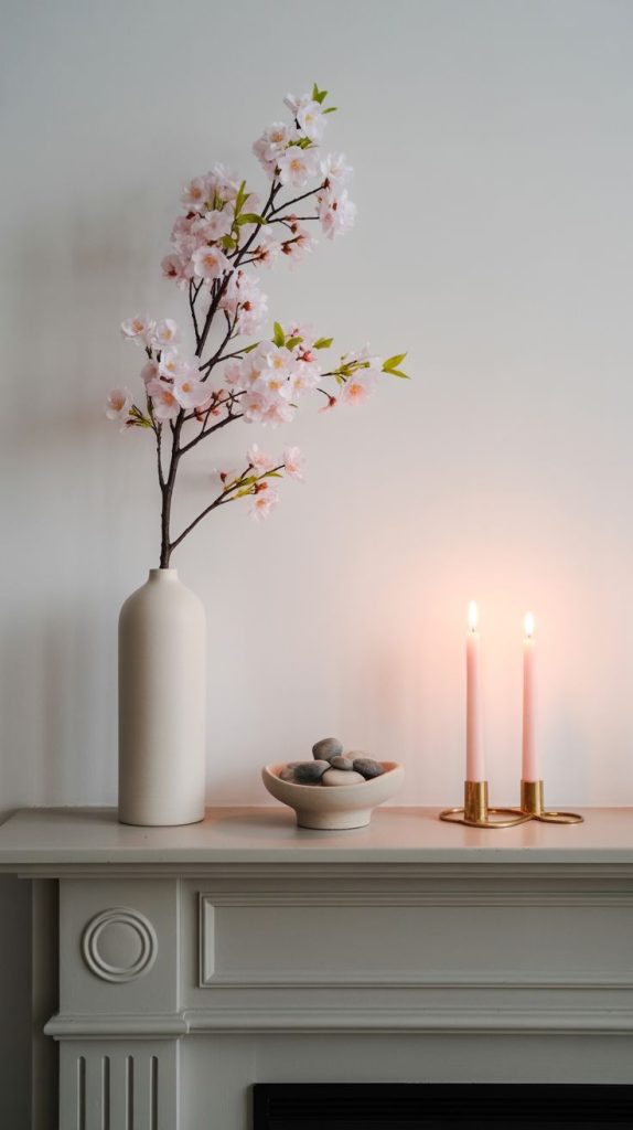 clean minimalist mantel where spring does all the talking