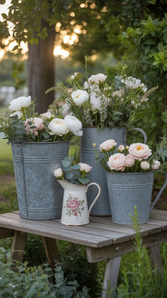 display flowers in galvanized buckets and vintage vessels