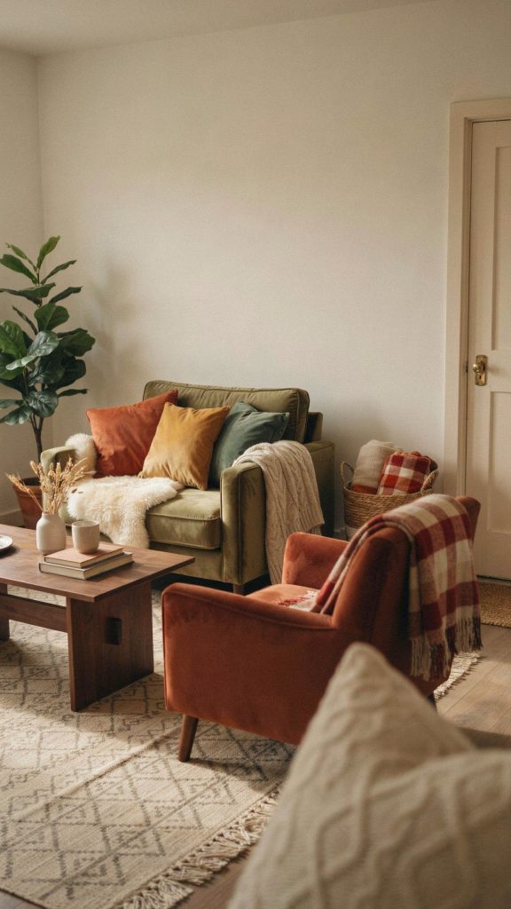 add cozy fall textures to the sofas and chairs