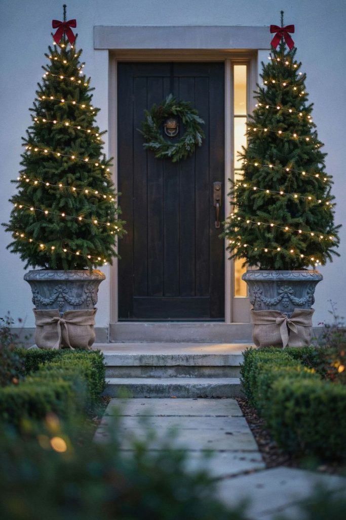 put a potted christmas tree on each side of the door