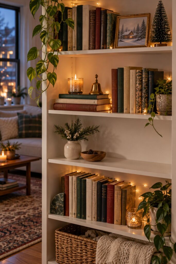 battery fairy lights into the bookshelf